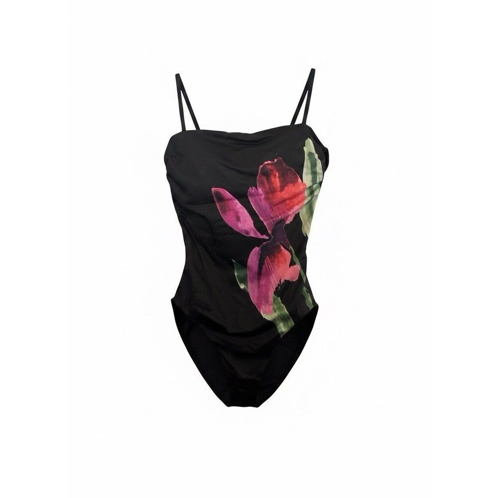 Shade & Shore Black Floral One Piece Swimsuit Size Medium High Leg